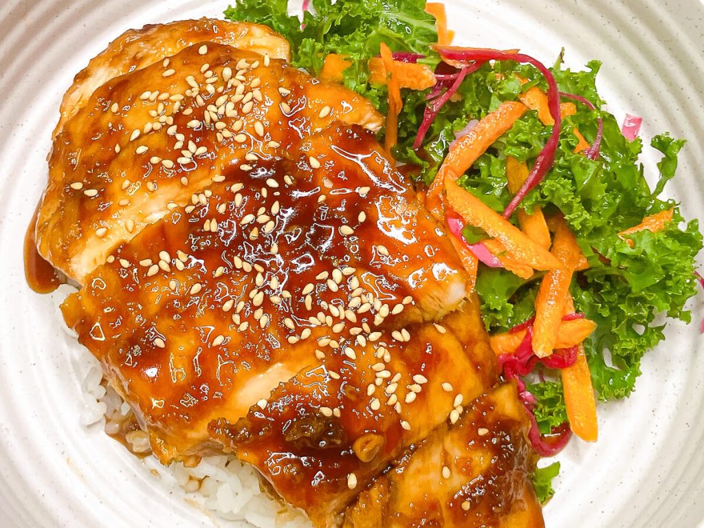 Juicy teriyaki chicken recipe with rice and salad