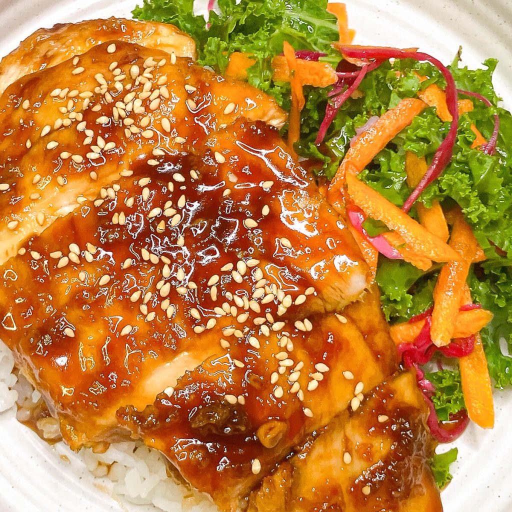 Juicy teriyaki chicken recipe with rice and salad