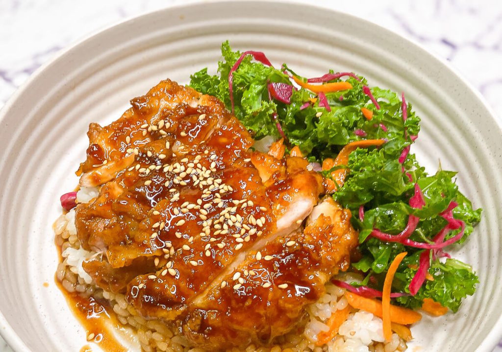 Juicy teriyaki chicken recipe with rice and salad