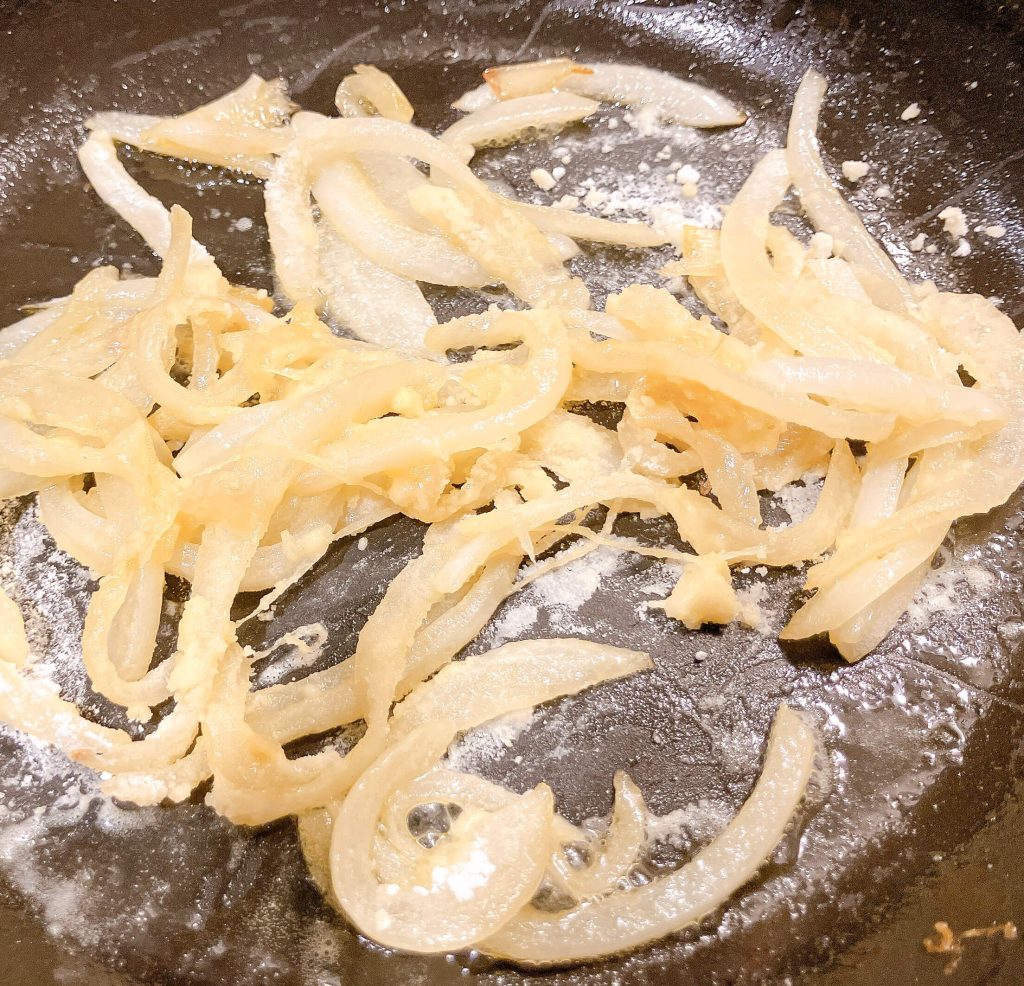 Onion roux forming in skillet – base for teriyaki gravy