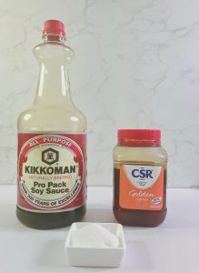 Ingredients for pantry teriyaki sauce recipe including soy sauce and golden syrup