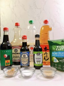 Side-by-side comparison of soy sauces, sweeteners, and sugars used in teriyaki sauce testing