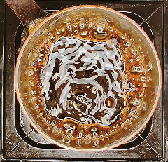 Teriyaki sauce starting to boil in saucepan – thin consistency with small bubbles forming