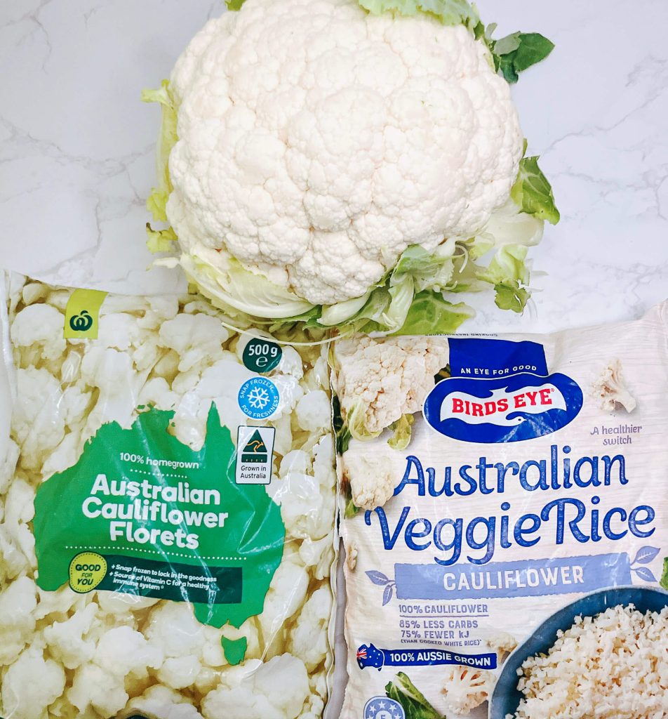 Fresh cauliflower and packaged frozen cauliflower rice side by side for keto cauliflower rice comparison