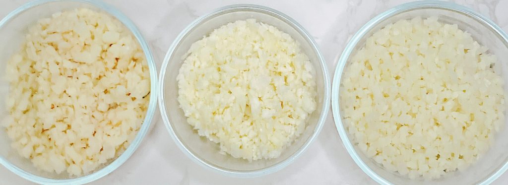 Comparison of three types of cooked cauliflower rice — fresh, frozen florets, and frozen pre-riced — showing differences in texture and color for keto cauliflower rice