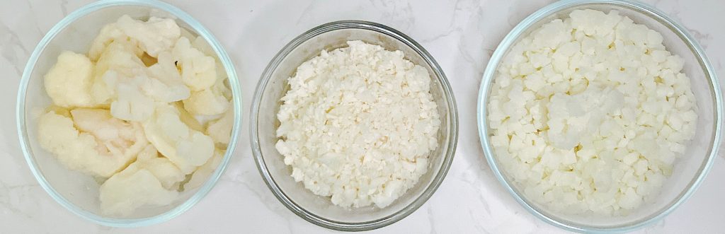 Side-by-side comparison of homemade fresh cauliflower rice and frozen cauliflower rice, showing differences in texture and color for keto cauliflower rice.”