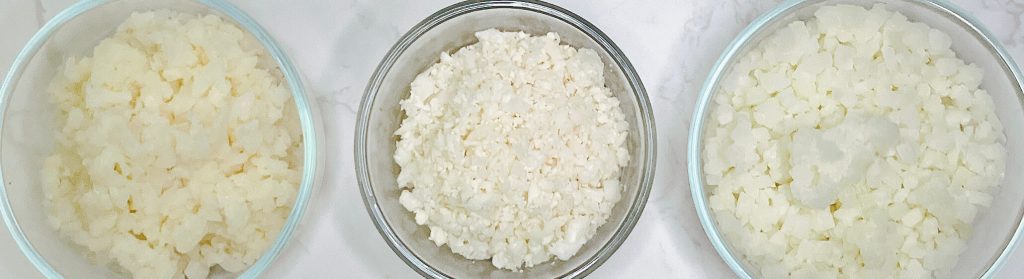 Side-by-side comparison of raw cauliflower vs processed cauliflower rice for keto cauliflower rice