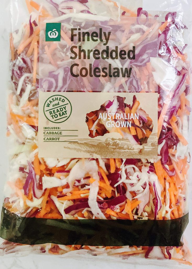 Packaged shredded coleslaw mix with cabbage and carrot for keto chicken katsu curry.