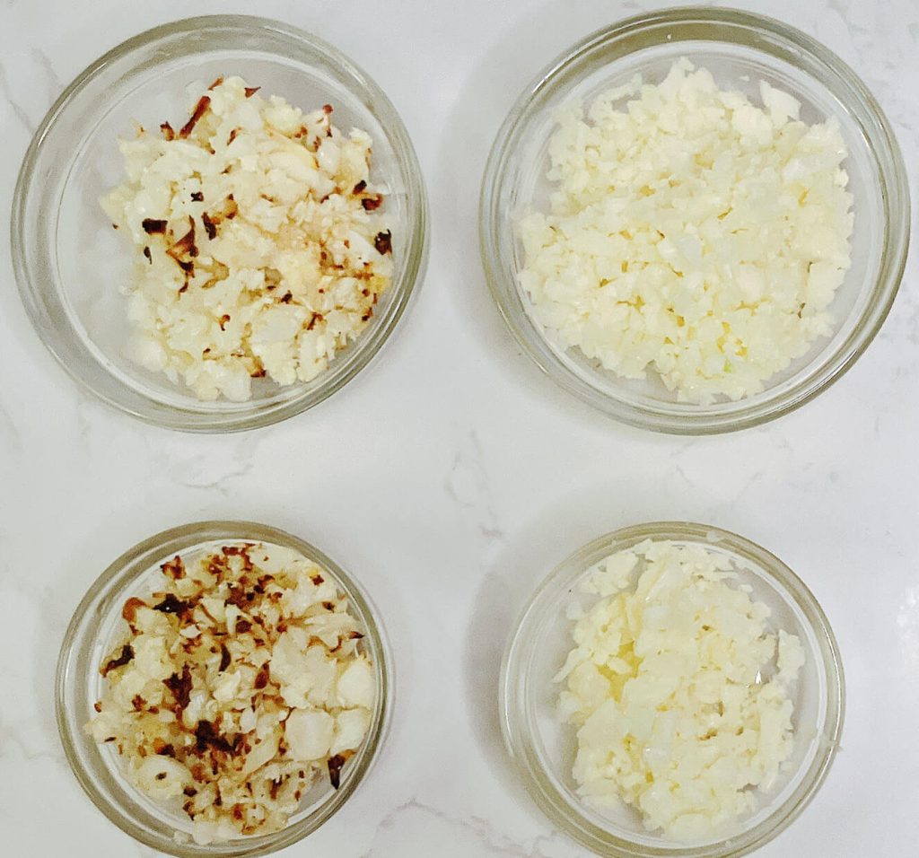 Comparison of cauliflower rice cooked four ways: pan-fried, microwave, oven-baked, and air fryer, showing differences in texture and color.