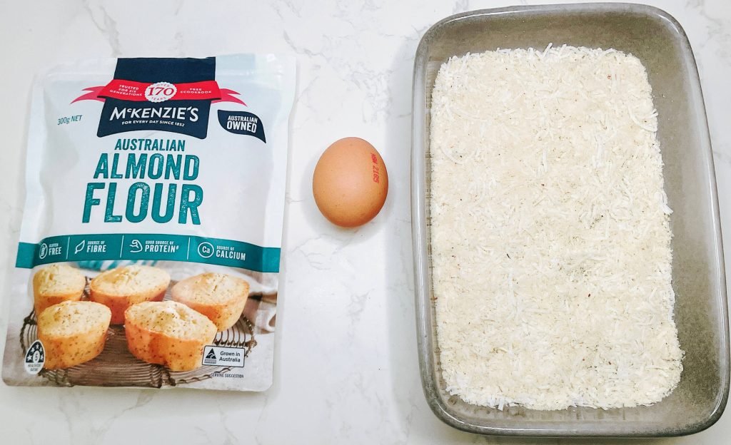 Panko crumbs compared to keto crumb mix with parmesan and coconut for chicken katsu.