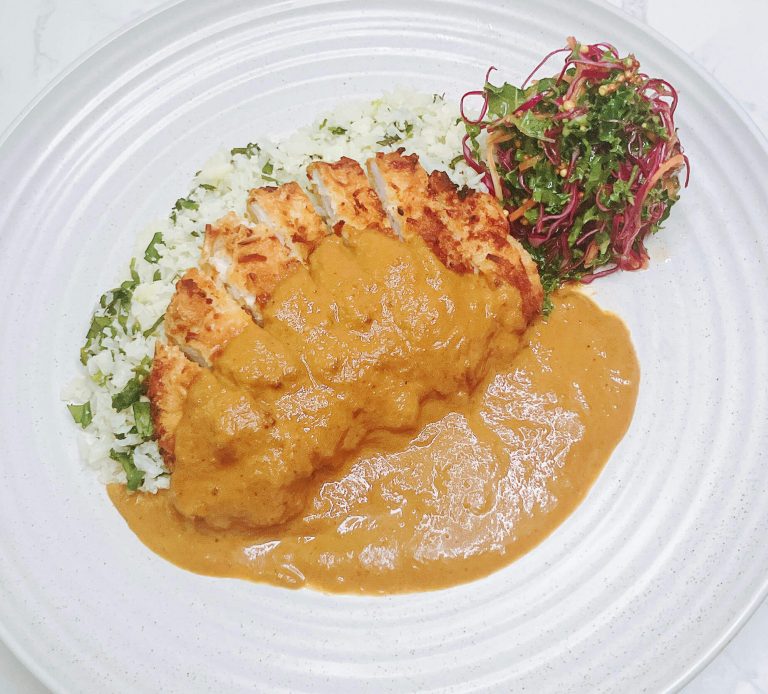 keto chicken katsu curry with lime and cilantro cauliflower rice