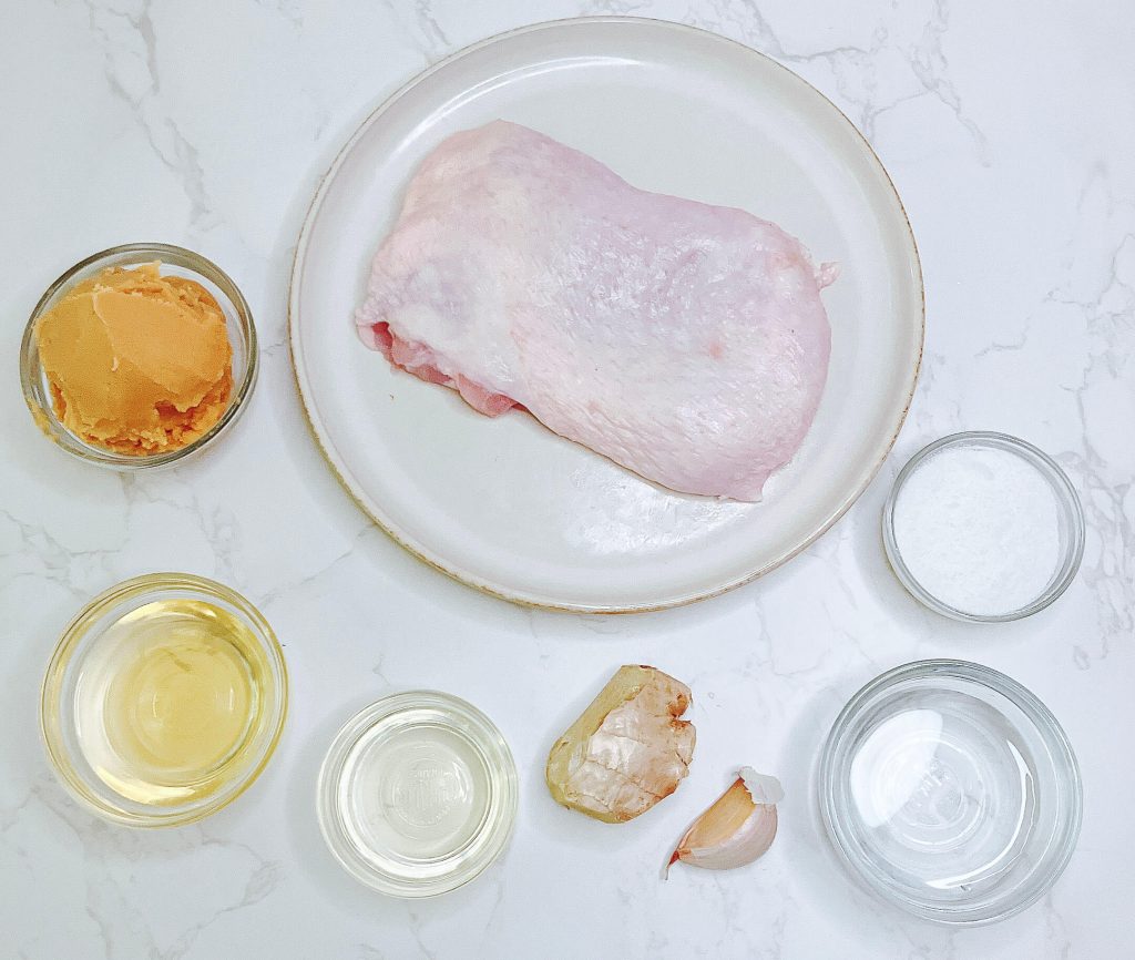 Traditional ingredients for miso chicken thigh with cauliflower rice"