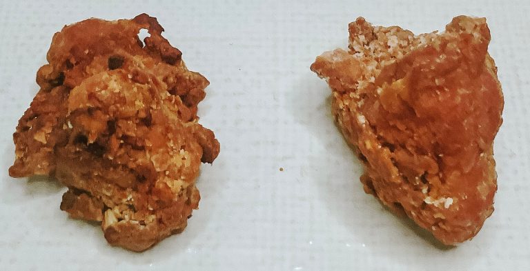 Air-fried karaage chicken on the left and deep-fried karaage chicken on the right.