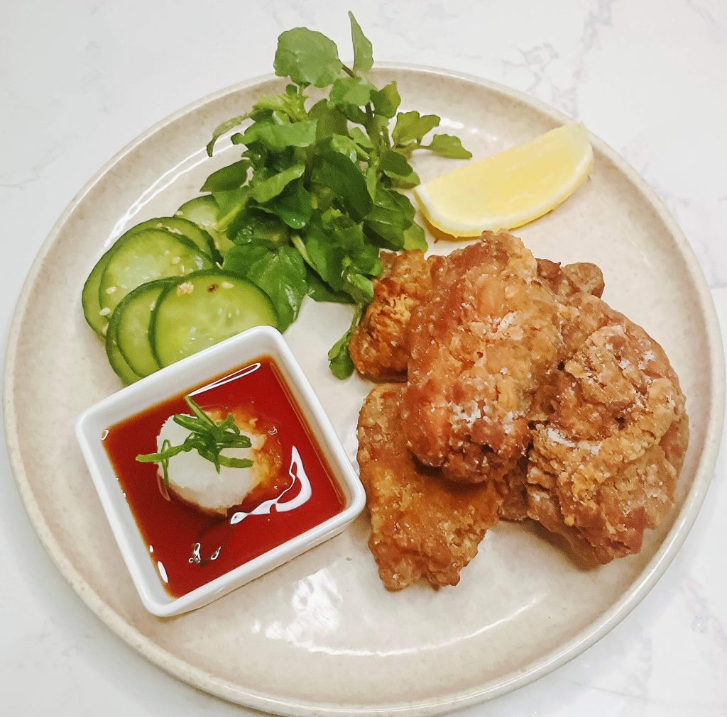 Crispy air fryer karaage chicken with quick cucumber pickles and oroshi ponzu dipping sauce