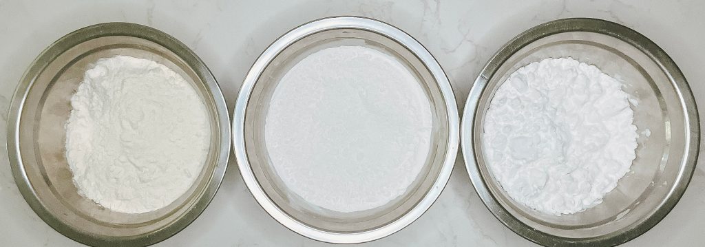 Three bowls of flour for karaage chicken – plain flour, rice and potato starch blend, and potato starch."