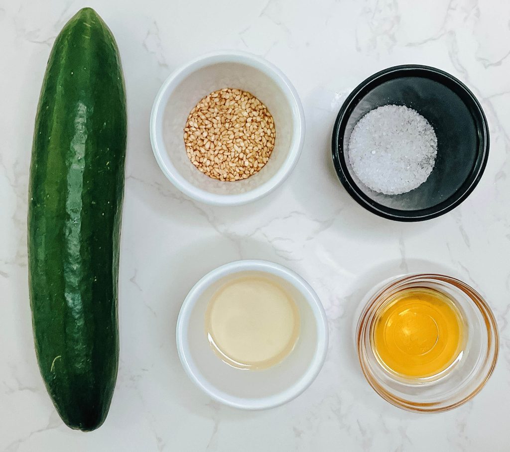 Ingredients for Japanese cucumber pickle – cucumber, salt, rice vinegar, sesame oil, and toasted sesame seeds