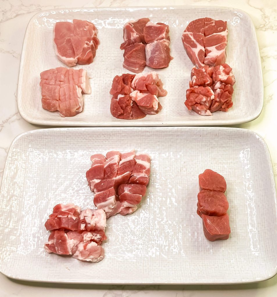 Five pork cuts tested with and without bicarb, and with or without slits, for Airfryer Sweet and Sour Pork — top row: loin, shoulder, neck; bottom row: belly, fillet — to compare tenderness and juiciness.