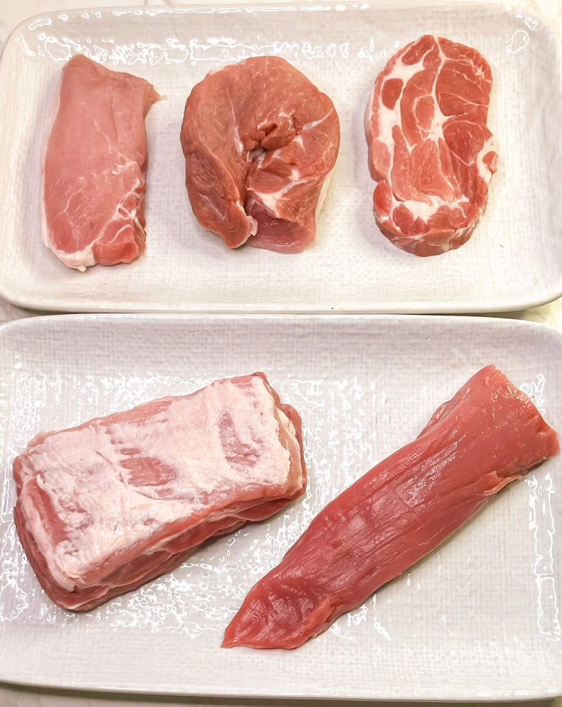 Five pork cuts tested for Subuta — top left loin, top middle shoulder, top right neck, bottom left belly, bottom right fillet — for bicarb and texture comparison in Airfryer Sweet and Sour Pork.