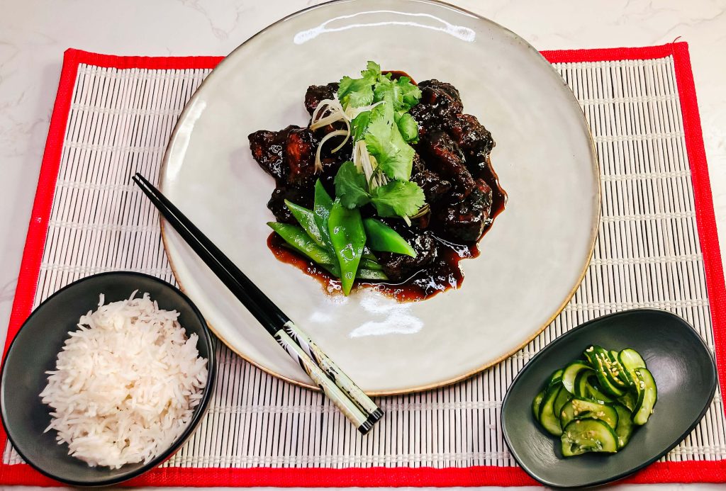 Air fryer sweet and sour pork served with rice and greens – Japanese-style Subuta with black vinegar glaze