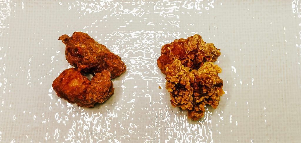 Airfryer vs deep-fried sweet and sour pork comparison — showing color and texture difference between airfried and deepfried pieces.