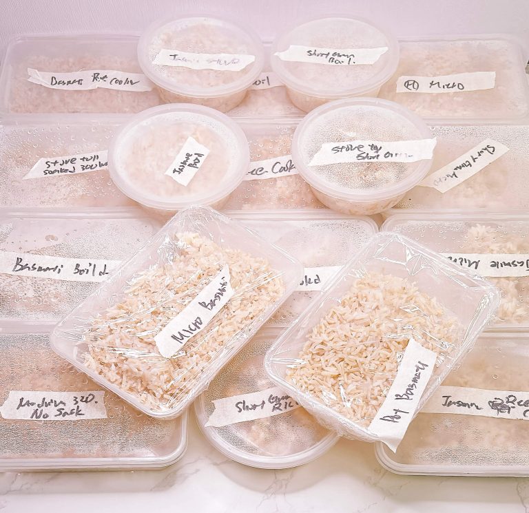Brown rice test setup showing different cooking methods and rice types