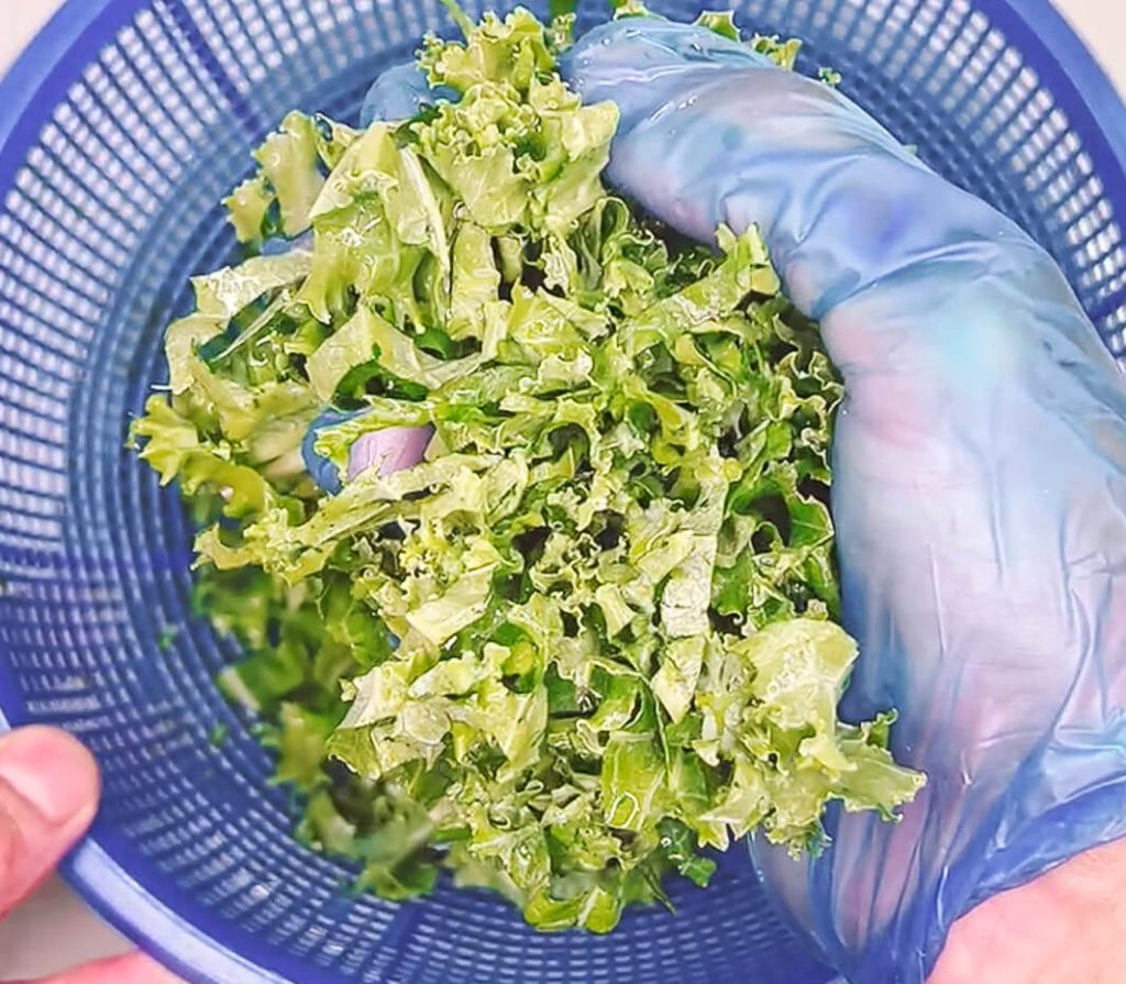 Drained kale after soaking in cold water for brown rice kale salad
