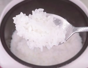 Fluffy white rice on a spoon cooked in a rice cooker