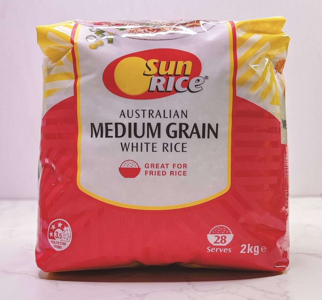 medium grain white rice package used for rice cooking tests