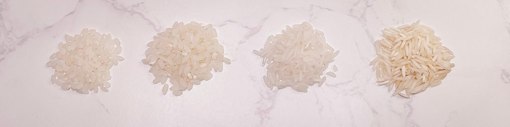 raw white rice comparison showing short grain, medium grain, jasmine and basmati rice