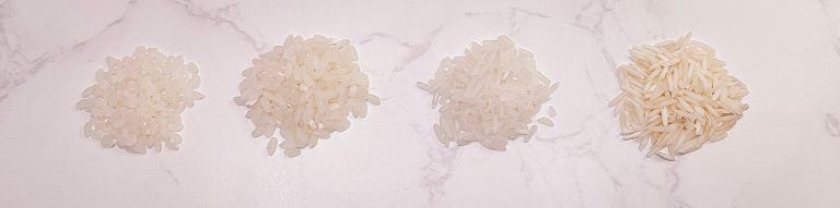 raw white rice comparison showing short grain, medium grain, jasmine and basmati rice