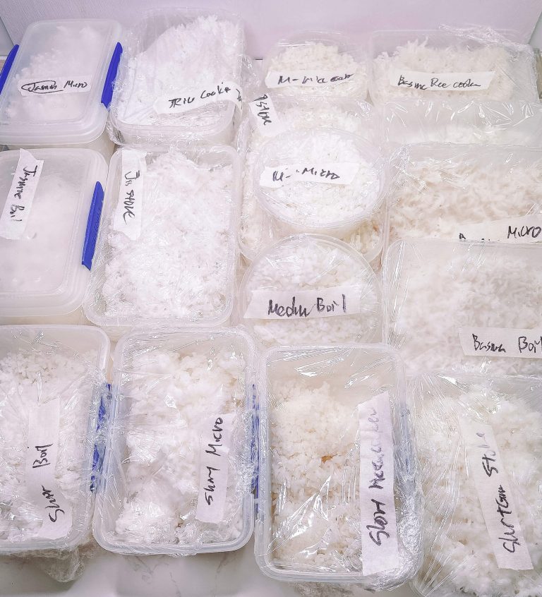 Test batches of rice prepared for different cooking methods
