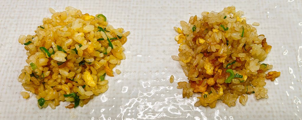 Egg mixed into rice vs not mixed showing difference in fried rice texture and grain separation