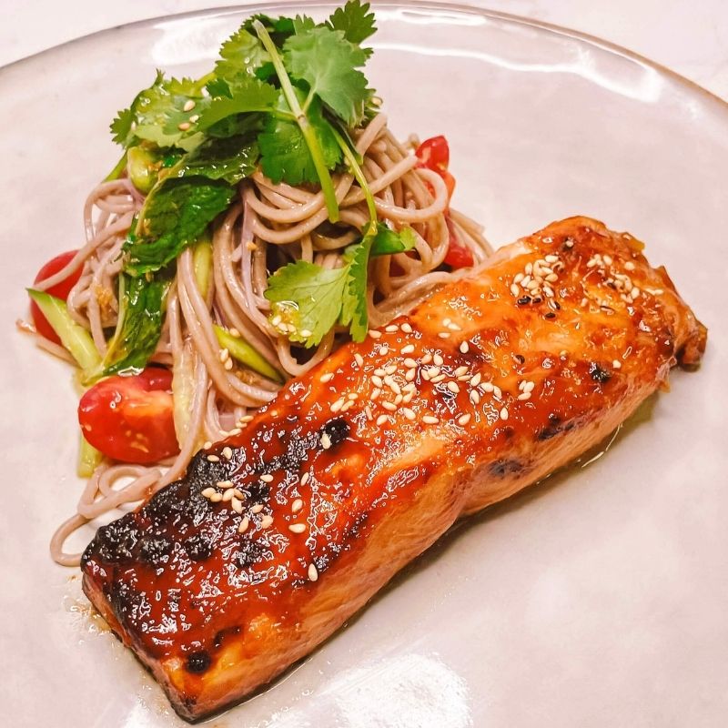 Air fryer miso salmon with soba salad